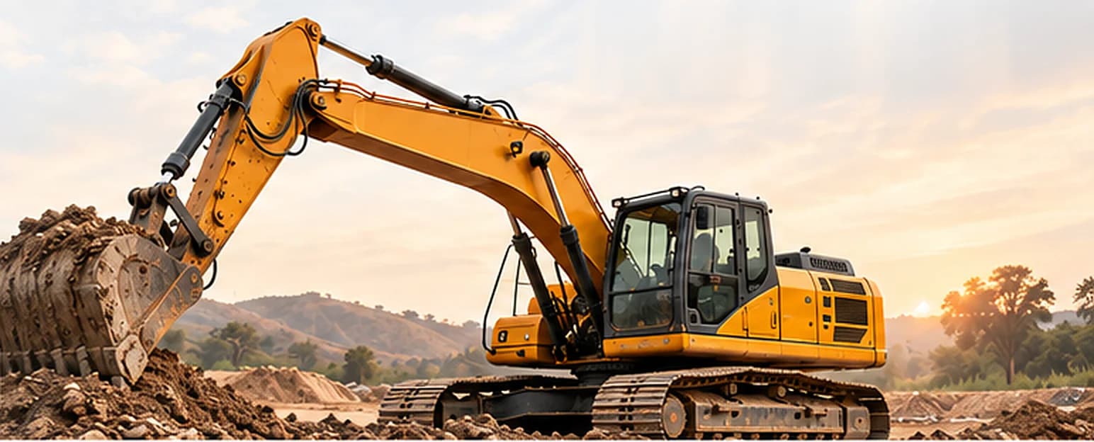 Yellow crawler excavator digging soil at a construction site